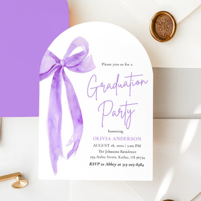Modern Elegant Trendy Purple Bow Graduation Arched Invitation (Creator Uploaded)