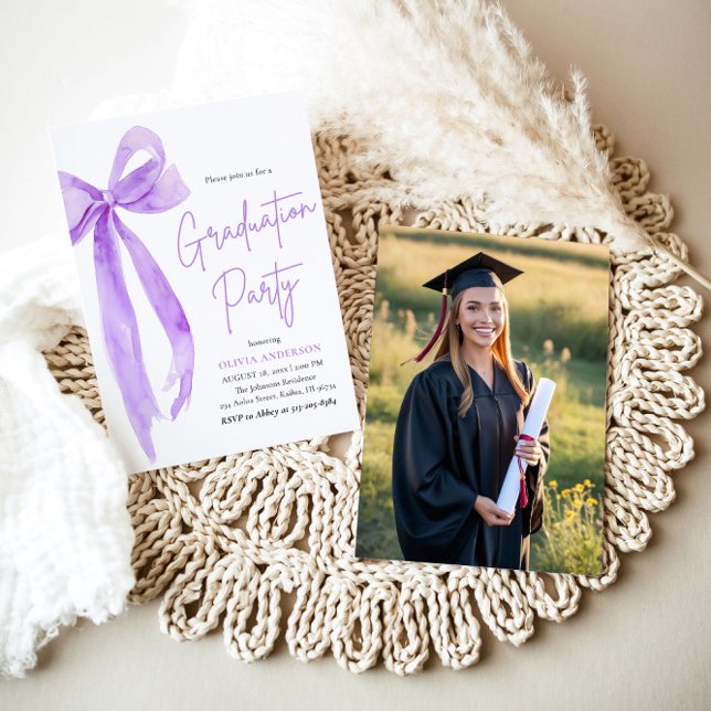 Modern Elegant Trendy Purple Bow Graduation Invitation (Creator Uploaded)