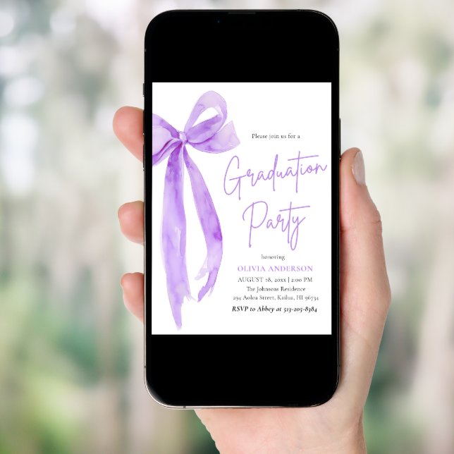 Modern Elegant Trendy Purple Bow Graduation Invitation (Front Digital)