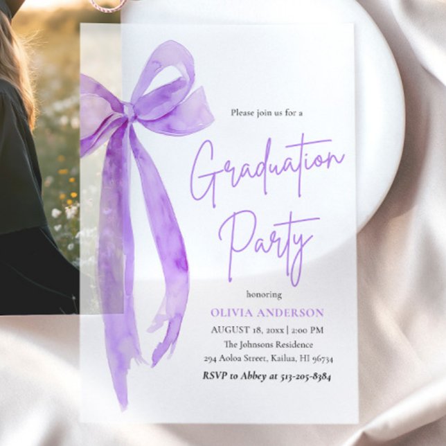 Modern Elegant Trendy Purple Bow Graduation Vellum Invitations (Creator Uploaded)