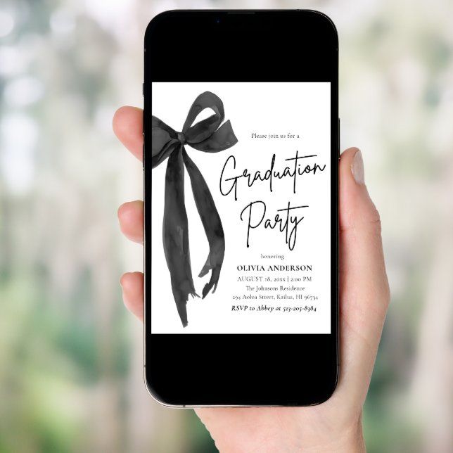 Modern Elegant Trendy Stylish Black Bow Graduation Invitation (Front Digital)
