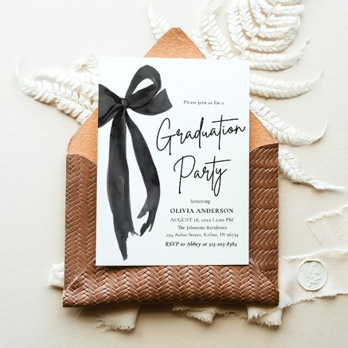 Modern Elegant Trendy Stylish Black Bow Graduation Invitation