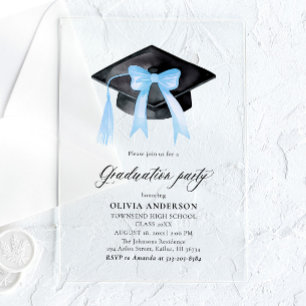Modern Elegant Trendy Stylish Blue Bow Graduation Acrylic Invitations