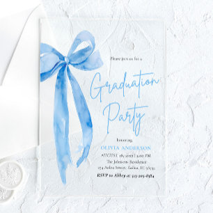 Modern Elegant Trendy Stylish Blue Bow Graduation Acrylic Invitations