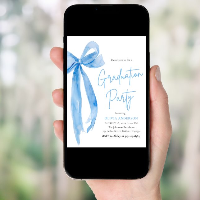 Modern Elegant Trendy Stylish Blue Bow Graduation Invitation (Front Digital)