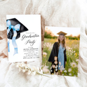 Modern Elegant Trendy Stylish Blue Bow Graduation Invitation