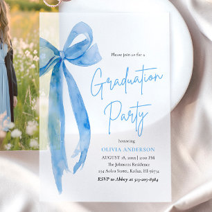 Modern Elegant Trendy Stylish Blue Bow Graduation Vellum Invitations