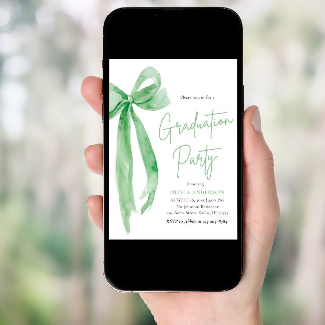 Modern Elegant Trendy Stylish Green Bow Graduation Invitation (Front Digital)