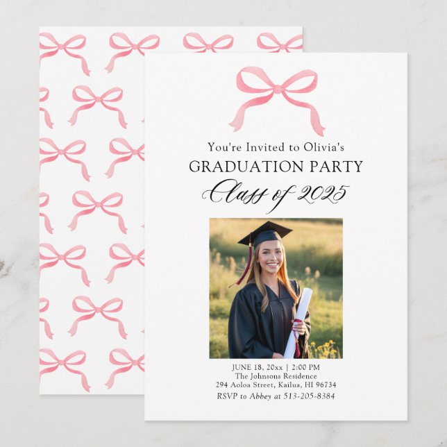 Modern Elegant Trendy Stylish Pink Bow Graduation Invitation (Front/Back)
