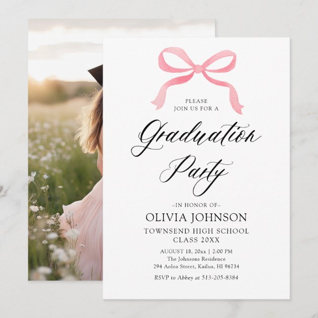 Modern Elegant Trendy Stylish Pink Bow Graduation Invitation (Front/Back)
