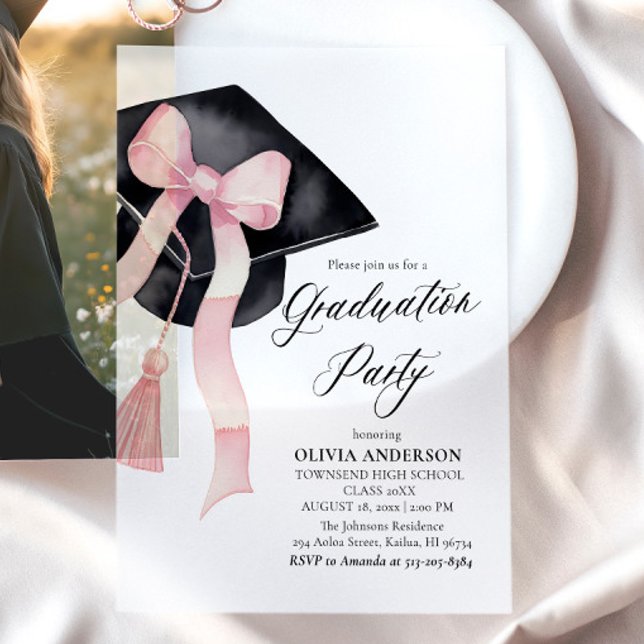 Modern Elegant Trendy Stylish Pink Bow Graduation Vellum Invitations (Modern Elegant Trendy Stylish Pink Bow Graduation Vellum Invitations)