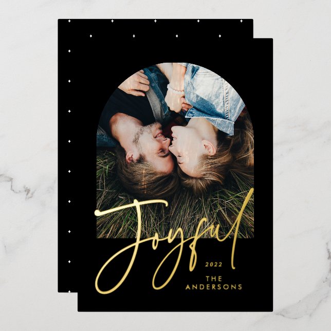 Modern elegant trendy typography black 1 photo foil holiday card (Front/Back)