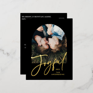 Modern elegant trendy typography black 1 photo foil holiday postcard