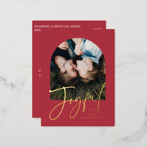 Modern elegant trendy typography red 1 photo foil holiday postcard