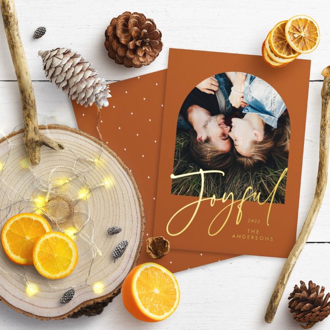Modern elegant trendy typography rust 1 photo foil holiday card (Creator Uploaded)