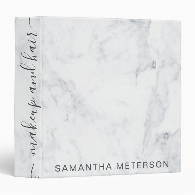 Modern elegant trendy white marble makeup hair 3 ring binder (Front/Spine)