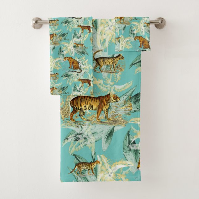 Modern Elegant Tropical Jungle Tiger Teal Blue Bath Towel Set (Insitu)