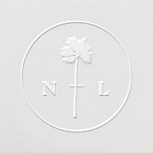 Modern Elegant Tropical Palm Tree Wedding Initials Embosser
