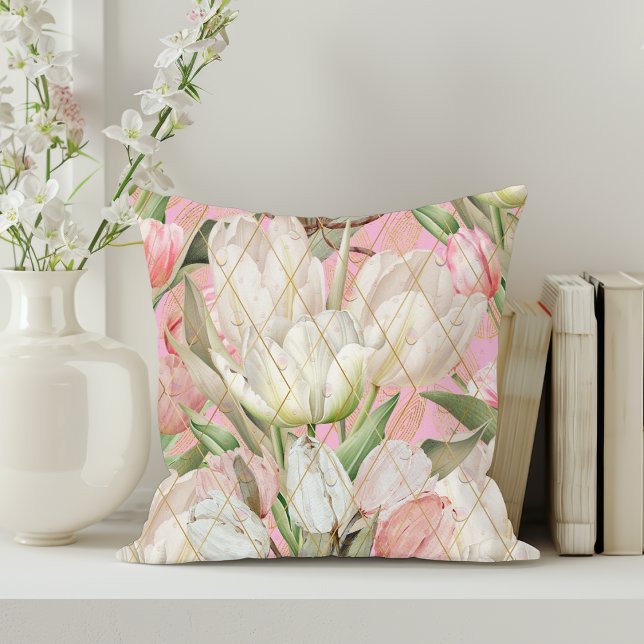 Modern Elegant Tulips With Gold Pattern Throw Pillow (Creator Uploaded)
