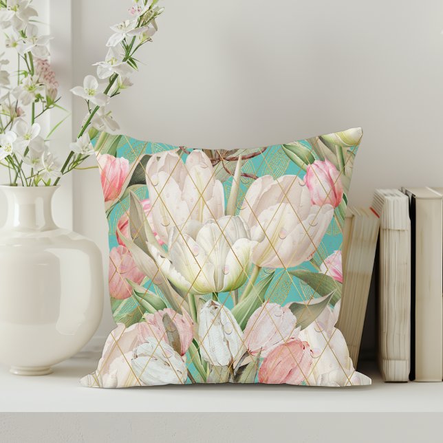 Modern Elegant Tulips With Gold Pattern Throw Pillow (Creator Uploaded)