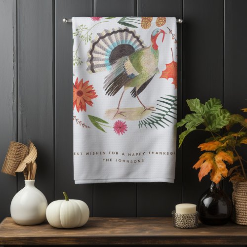 Modern Elegant Turkey Thanksgiving Botanical  Kitchen Towel
