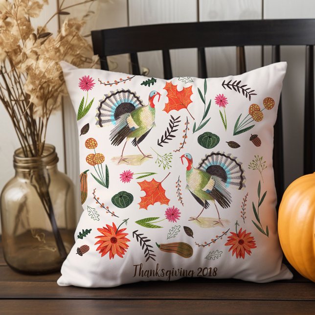 Modern Elegant Turkey Thanksgiving Botanical  Throw Pillow (Modern Elegant Turkey Thanksgiving Botanical Throw Pillow)