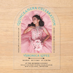 Modern Elegant Turquoise Blue Quinceanera Photo  Acrylic Invitations