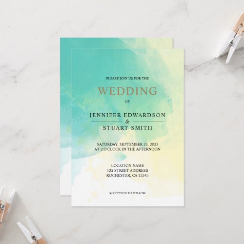 Modern elegant turquoise gold watercolor Wedding Invitation