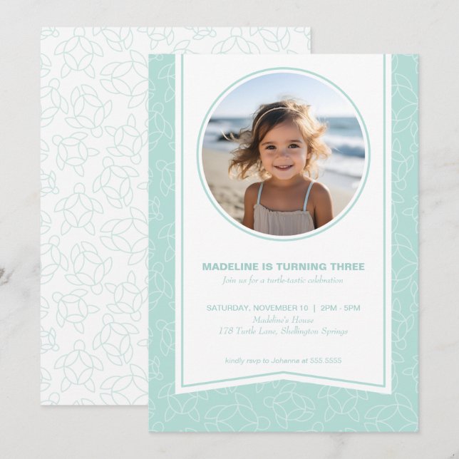 Modern elegant turtle pattern photo invitation (Front/Back)