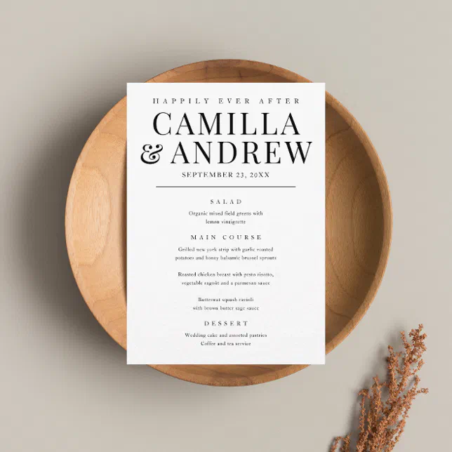 Modern Elegant Type Black And White Wedding Menu Zazzle