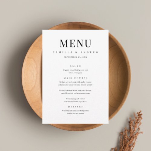 Modern Elegant Type Black and White Wedding Menu