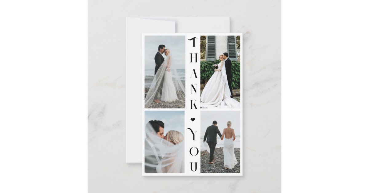 Modern elegant typography 4 photo collage wedding thank you card | Zazzle