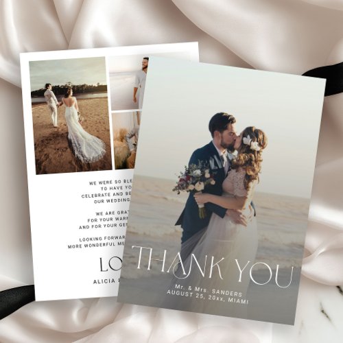 Modern elegant typography 4 photo collage wedding thank you card