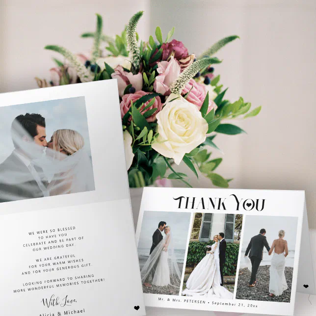 Modern elegant typography 4 photo collage wedding thank you card | Zazzle