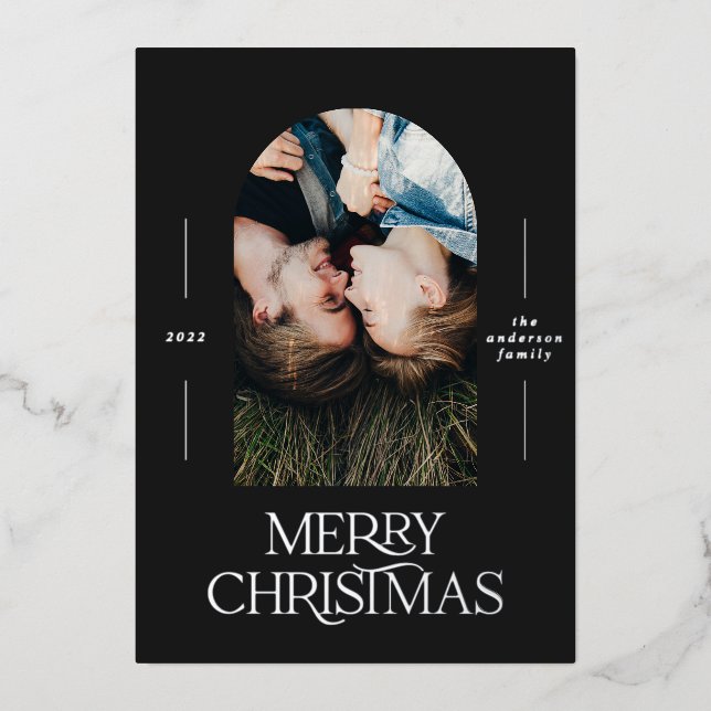Modern elegant typography black 1 photo Christmas Foil Holiday Card (Front)