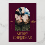 Modern elegant typography burgundy photo Christmas Foil Holiday Card<br><div class="desc">Modern elegant trendy typography Merry Christmas burgundy,  black and white real foil gold,  silver and rose gold holiday 1 photo card design.</div>