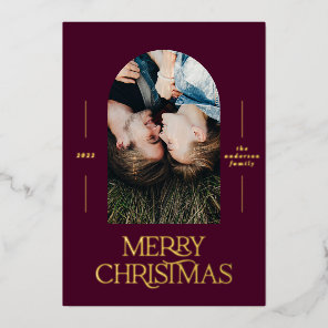 Modern elegant typography burgundy photo Christmas Foil Holiday Card