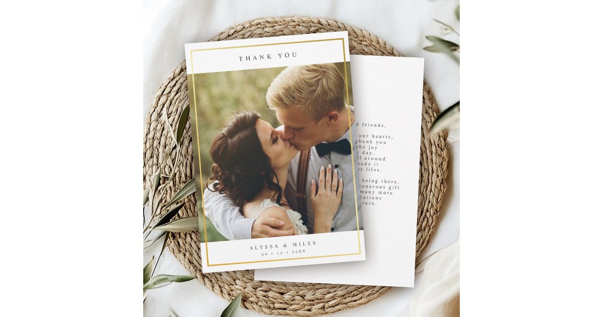 Modern Elegant Typography Gold Frame Wedding Photo Thank You Card | Zazzle