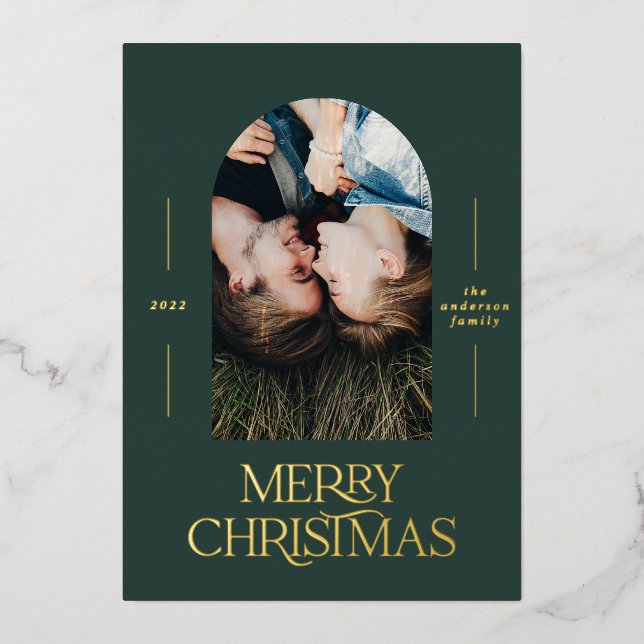Modern elegant typography green 1 photo Christmas Foil Holiday Card (Front)
