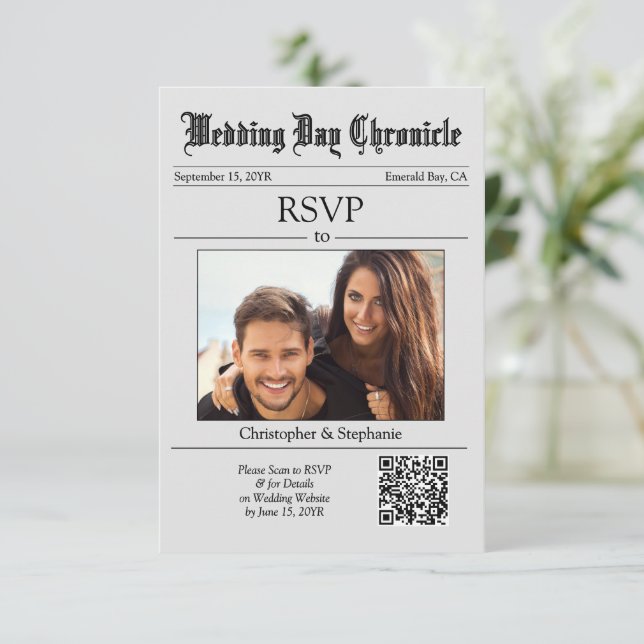 Modern Elegant Typography QR Code Gray Newspaper RSVP Card (Standing Front)