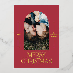 Modern elegant typography red 1 photo Christmas Fo Foil Holiday Card