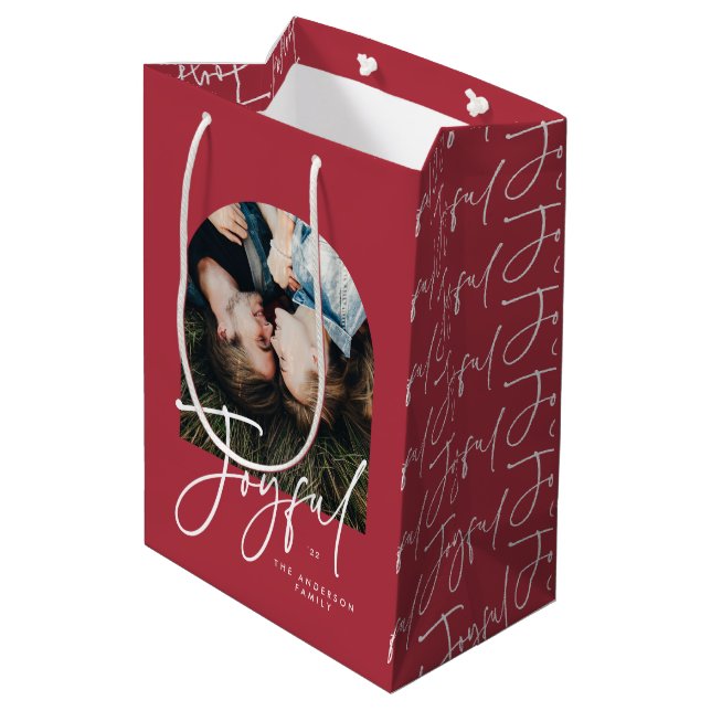 Modern elegant typography red joyful Christmas Medium Gift Bag (Back Angled)