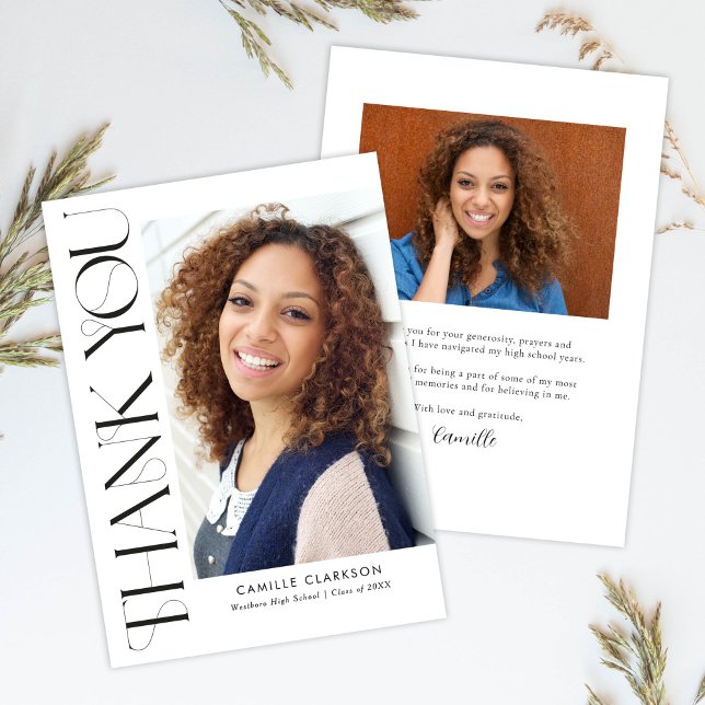 Modern Elegant Vertical Two Photo Graduation Thank You Card (Creator Uploaded)
