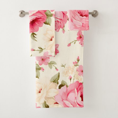 Modern Elegant Vintage Cream Pink Roses Bath Towel Set