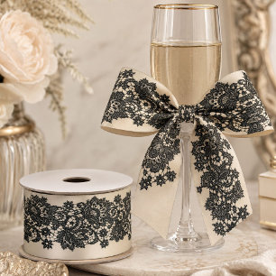 Modern Elegant Vintage French Beige Black Lace  Satin Ribbon