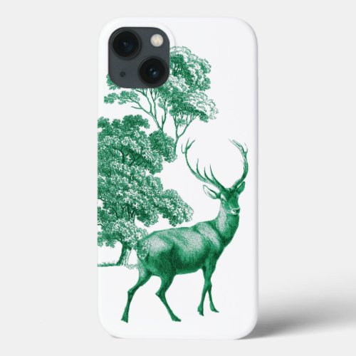 Modern Elegant Vintage Green Deer on White iPhone 13 Case