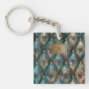 Modern Elegant Vintage Leather Colorful Diamonds Keychain