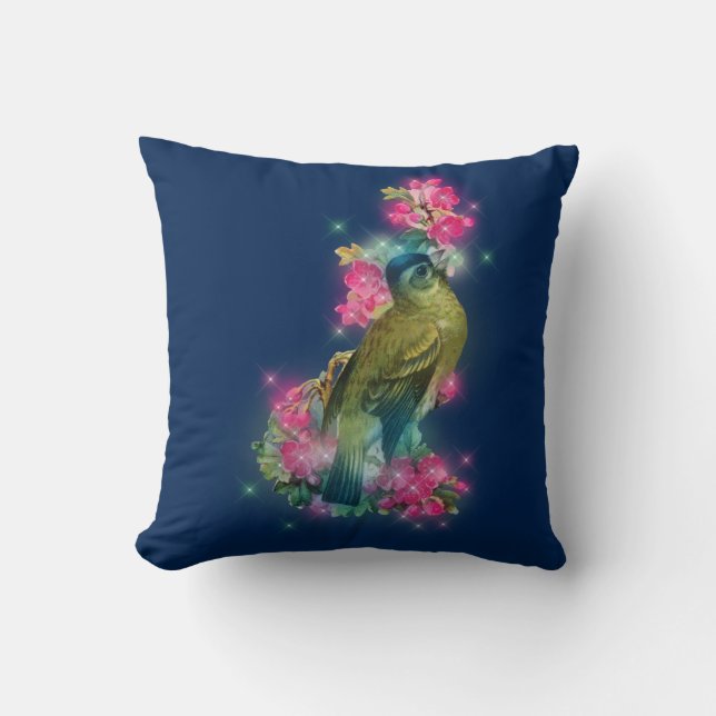 Modern Elegant Watercolor Bird Floral Blue  Throw Pillow (Front)