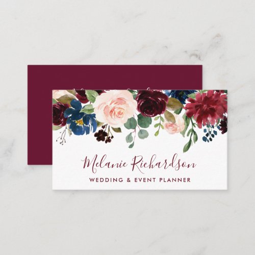 Modern Elegant Watercolor Burgundy Blue Floral Business Card