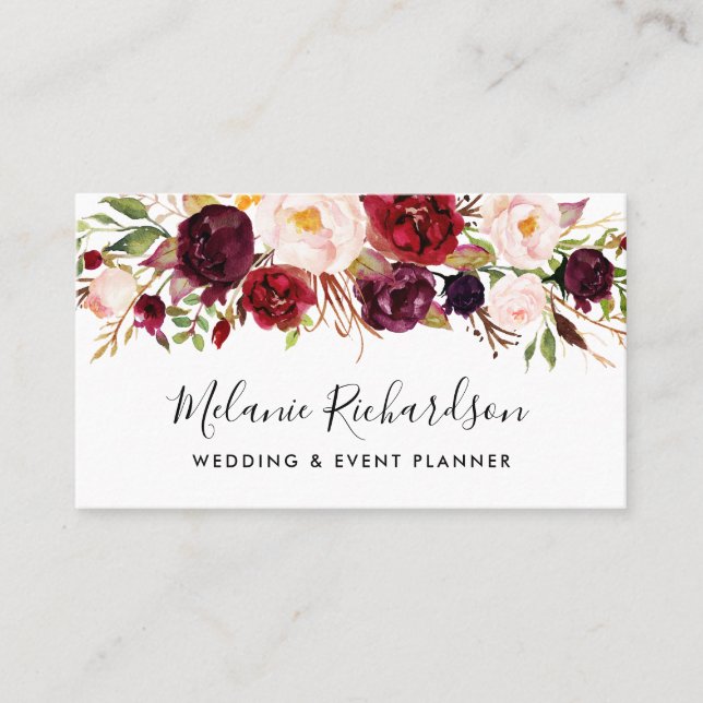 Modern Elegant Watercolor Burgundy Floral Business Card (Front)